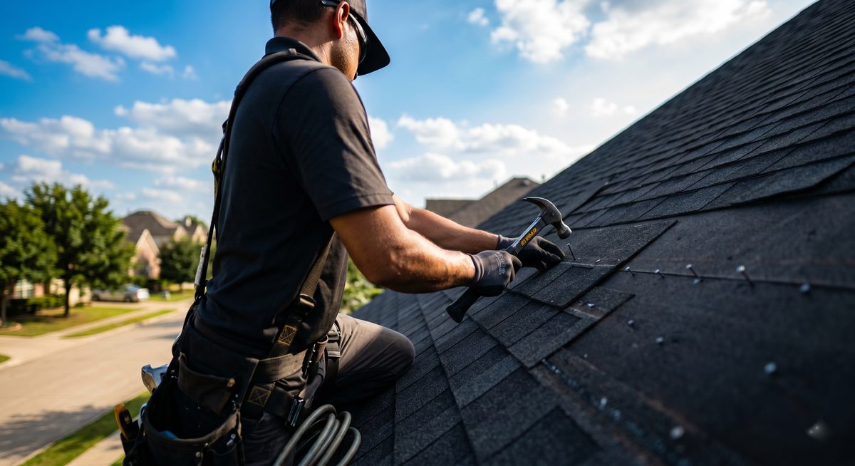 Roofer working on a residential roof in Houston